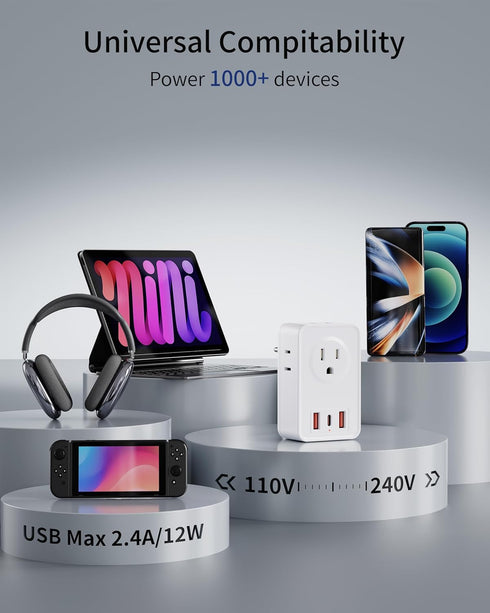 European Travel Plug Adapter, Type C International Power Adaptor Charger with 4 AC Outlets 3 USB Ports(1 USB C), US to Most Europe EU German Frenc...