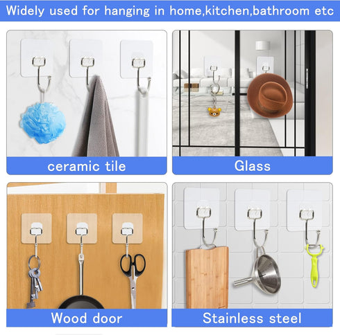 30 Packs Large Adhesive Wall Hooks, Heavy Duty Hold 44lb(Max) Wall Hooks for Hanging, Transparent Waterproof Rustproof Sticky Hooks for Kitchen Ba...