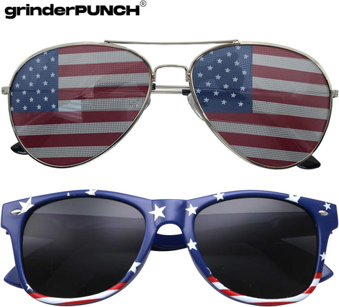 grinderPUNCH 2 Pair Combo Patriotic American US Flag Sunglasses Bulk USA...