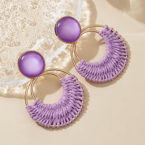 Boho Rattan Dangle Earrings for Women Trendy - Geometric Straw Raffia Earrings for Summer Beach Vacation...