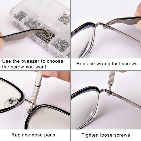 1100Pcs Eyeglasses Repair Kit, Tiny Sunglasses Screws, Glasses Screws and 5 Pairs Nose Pads with Micro Screwdriver Tweezer for Watch Clock Spectac...