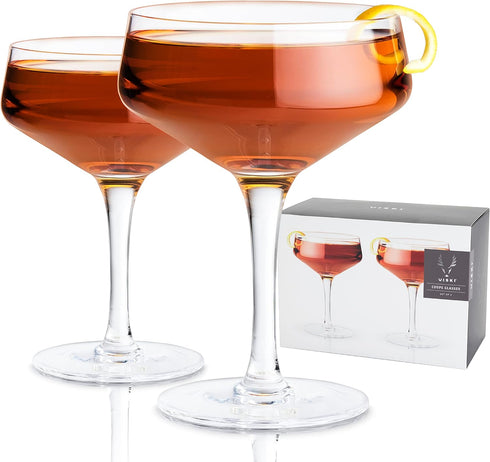 Viski Raye Angled Stemmed Crystal Coupe Cocktail Glasses, Champagne Coupe Glasses, Drinkware Set, Espresso Martini Glasses, Set of 2, 7oz...