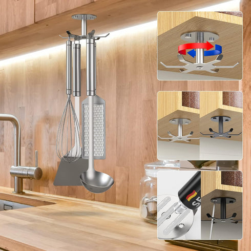 2pcs Under Cabinet Hooks Rotating Kitchen Utensil Holder 304 Stainless Steel Adhesive Utensil Hanging Rack for Kitchen Utensils/Tools/Towel/Knife(...