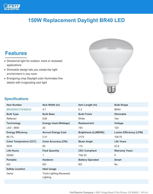 Feit Electric BR40 LED Light Bulb, 150W Equivalent, Dimmable, 2175 Lumens, E26 Medium Base, 5000K Daylight, 90 CRI, Flood Light Bulb for Recessed ...