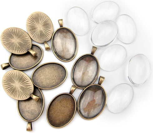 ALL in ONE 10 Sets Cabochon Frame Setting Tray Pendant with Clear Glass Dome Tile for DIY Jewelry Making (25X18MM AB)...