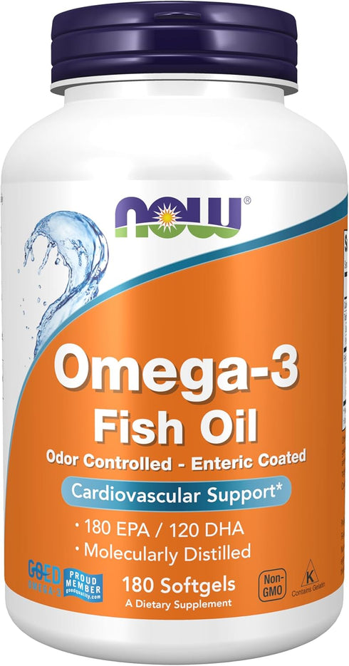 NOW Supplements, Omega-3 180 EPA / 120 DHA, Enteric Coated, Cardiovascular Support*, 180 Softgels...