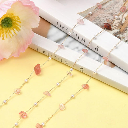 DanLingJewelry 5m Brass Handmade Natural Rose Quartz Stone Beading Chain Pink Irregular Crystal Chains with Spool for Jewelry Making Supplies...