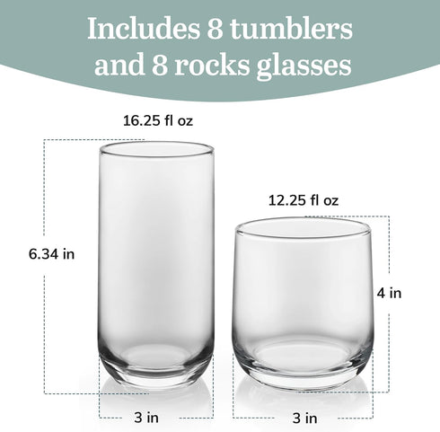 Libbey Ascent Tumbler and Rocks Drinking Glasses Set of 16, Glass Drinking Glasses with Curvature, Versatile Glassware Set for Parties and More...