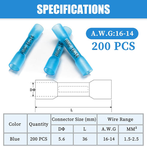 200PCS Heat Shrink Butt Connectors Blue 16-14 AWG, Marine Grade Tinned Red Copper Crimp Splice Terminals Insulated Waterproof Electrical Wire Conn...