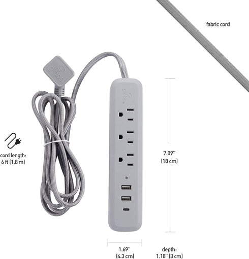 Globe Electric Designer Series 6-ft 3-Outlet USB Surge Protector Power Strip, 2x USB-A Ports, 1x USB-C Port, Right Angle Plug, Gray, 78551...