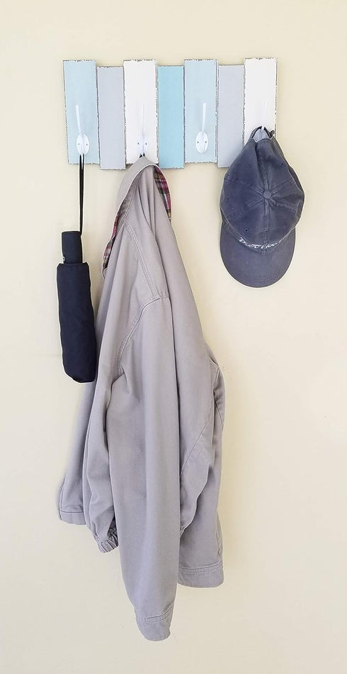 Tumbler Home Beachy Wood Wall Rack-4 Double Metal Hooks-Distressed Beach Decor Finish 16 inch x 8 inch...