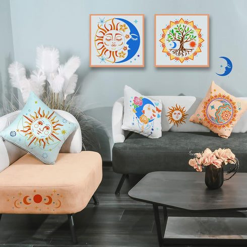 FINGERINSPIRE 12 Pcs Sun and Moon Stencil 11.8x11.8 inch Mandala Sun Moon Stencils Plastic Moon Sun Flower Star Pattern Stencils Resuable Tree of ...