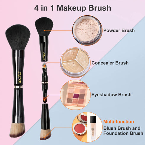 Travel Makeup Brushes with Case, 4 in 1 Makeup Brush Set, Powder Brush, Foundation/Blush Brush, Eyeshadow Brush, Concealer Brush, Double Ended Mak...