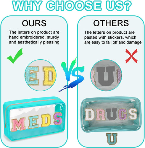 Clear Letter Patch Medicine Bag Drugs Pouch with Zipper, Travel Portable Cosmetic Makeup Bag for Women Girls, Waterproof Nylon PVC Toiletry Meds S...
