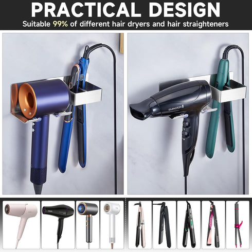 Hair Dryer Holder Wall Mounted, Blow Dryer Holder Stainless Steel, Adhesive Blow Dryer Holder, Hair Straightener Holder Curling Iron Holder Hair T...