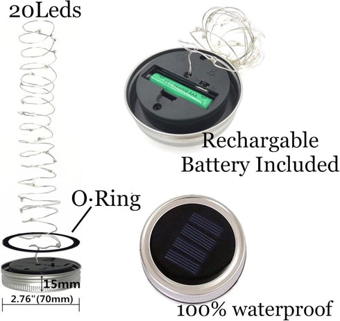 Solar Mason Jar Lid String Lights, 8 Pack 20 Led String Fairy Star Firefly Jar Lids Lights with 8 Hangers Included (Jars Not Included), for Mason Jar Patio Garden Wedding Lantern