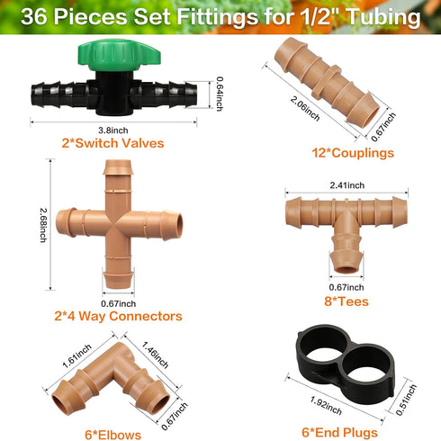 Drip Irrigation Fittings Kit for 1/2" Tubing, 36 Pieces 1/2 Inch Drip Line Connectors for Drip Sprinkler Systems - 12 Couplings, 8 Tees, 6 Elbows,...