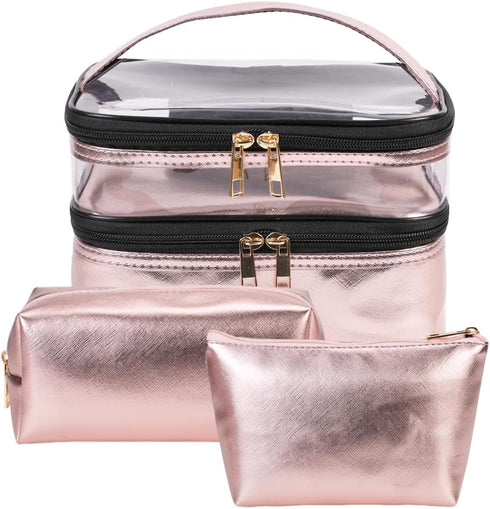 FITINI 3 Pieces Makeup Bags Double Layer Travel Large Cosmetic Cases Organizer Toiletry Bags Waterproof Small Zipper Pouch for Women Makeup Brush ...