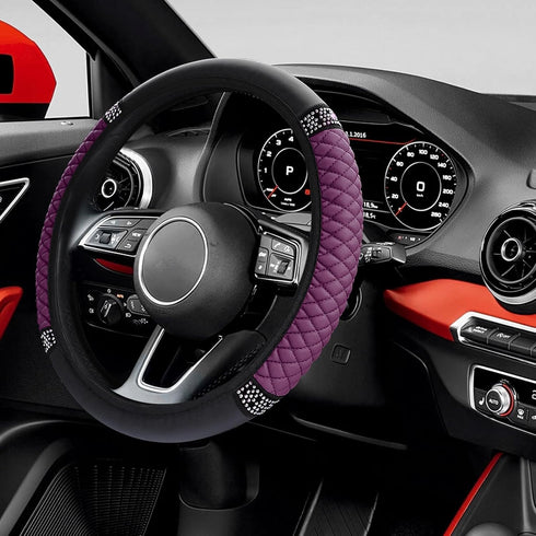 Bling Soft Leather Steering Wheel Cover, 14.5-15 Inch Sparkly Rhinestone Steering Wheel Protector, Non-Slip Elastic Steering Wheel Covers, Car Acc...