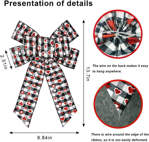 Hying 2 PCS Valentine's Day Bows for Wreath, Valentines Wreath Bows Black White Buffalo Plaid Bows Glitter Red Heart Bow Burlap Gift Bows for Fron...