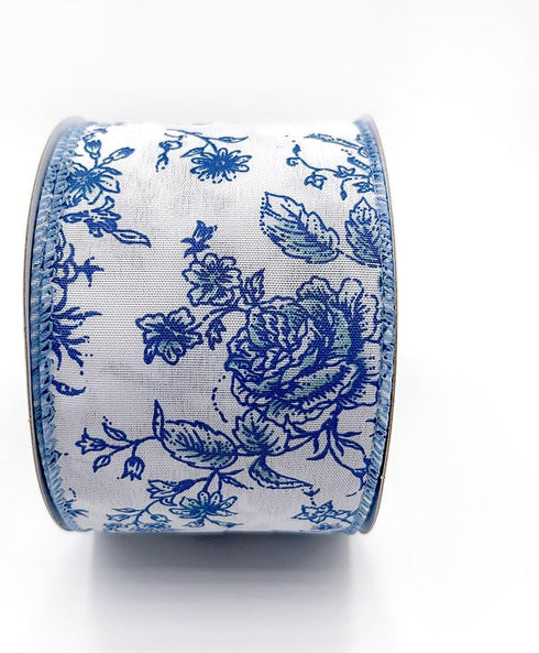 Designer’s Shop WR 63-5156 Blue Rose Floral on Cream Wired Edge Ribbon 2.5” x 10 Yard for DIY Crafting, Home Décor...