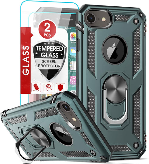 LeYi Compatible for iPhone 8, 7, 6s, 6 Case with 2 Pack Tempered Glass Screen Protector, Military-Grade Phone Case with Ring Kickstand for iPhone ...