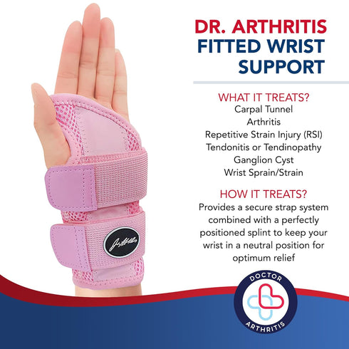 Dr. Arthritis Doctor Developed Fitted Wrist Brace for Carpal Tunnel Syndrome, Tendonitis and other Wrist Conditions, Splint Support Single (Pink, ...