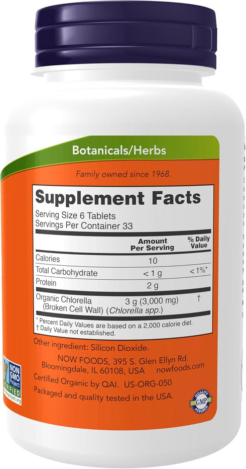 NOW Supplements, Organic Chlorella 500 mg with naturally occurring Chlorophyll, Beta-Carotene, mixed Carotenoids, Vitamin C, Iron and Protein, 200...