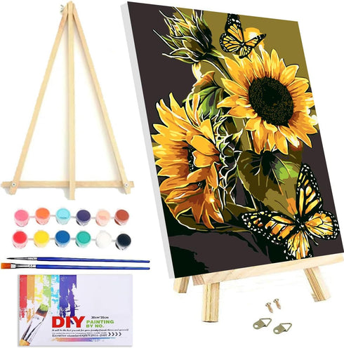 VIGEGU Paint by Numbers Kit for Adults Beginner with Framed Canvas - with Wooden Easel, Sunflower Butterfly DIY Oil Painting, with Acrylic Paints ...