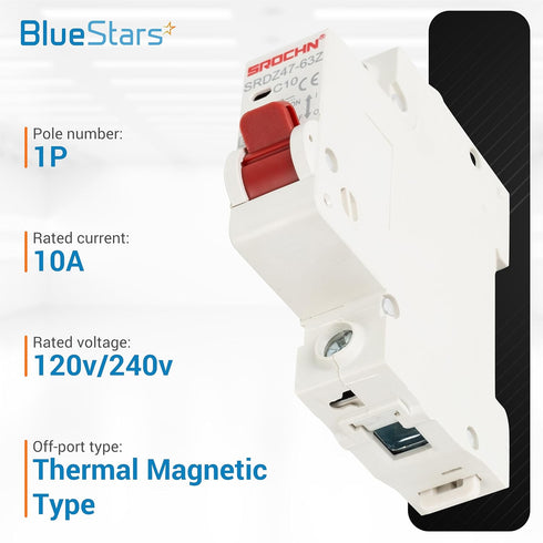 BlueStars 10 Amp DC Miniature Circuit Breaker, 120V/240V 1 Pole DIN Rail Mount for Battery & Solar Panels PV System, Thermal Magnetic Trip, Single...