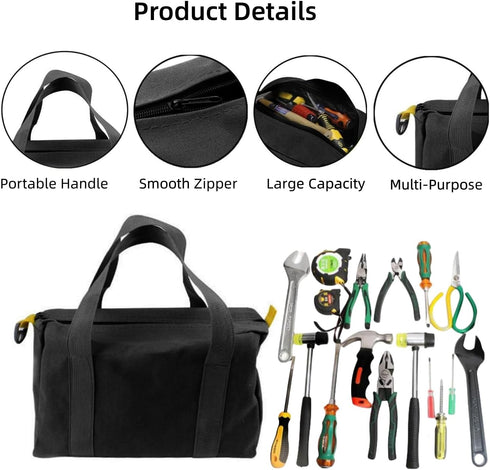 14 Inch Wide Mouth Tool Bag, Canvas Tool Bag, Heavy Duty Tool Storage Bag, Large Capacity Tool Tote Bag for Electricians, Power Tool Organizer Pou...