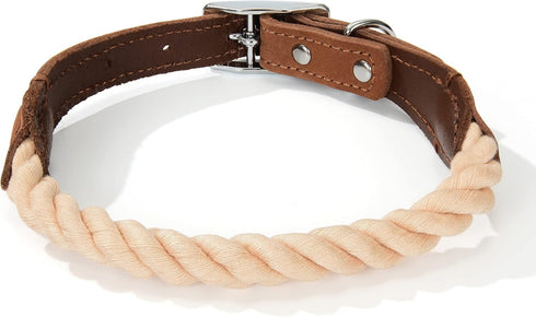 Mile High Life Rope Dog Collar | Durable Braided Cotton Rope Collars | Genuine Leather Dog Collar w Metal Pin Buckle | Classic Puppy Collars for D...