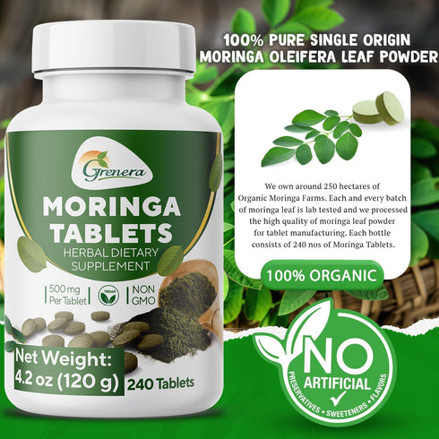 Grenera Moringa Tablets 240 nos, Uncoated Malunggay Herbal Supplement, No Chemical Coating, Green Superfood, Lab Tested for Purity...