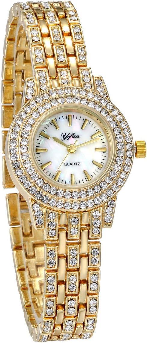 JewelryWe Women Watches Gold Tone Alloy Rhinestone Quartz Watch Stylish Bling Dress Watch Wristwatches for Valentine’s Day...
