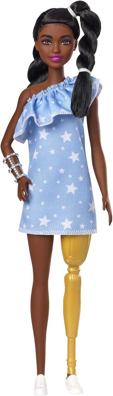 Barbie Fashionistas Doll #146 with 2 Twisted Braids & Prosthetic Leg Wearing Star-Print Dress, White Shoes & Arm Bracelet, Toy for Kids 3 to 8 Yea...