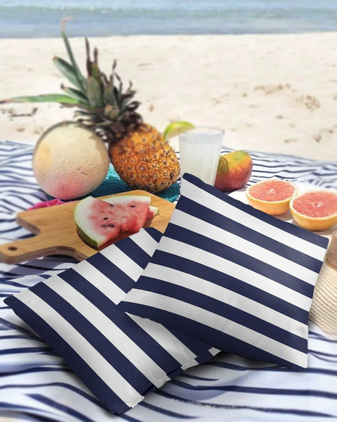 Outdoor Waterproof Pillow Covers for Patio Furniture Solid Nautical Striped Decorative Throw Pillow Cover Navy Blue Pillowcases Set of 2 Cushion C...