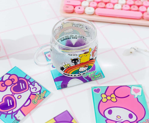 Sanrio Hello Kitty and Friends Glass Coasters for Drinks, Set of 4 | Home and Kitchen Tabletop Protection...