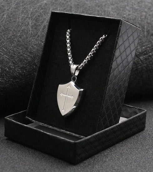 Lemu Stainless Steel Men Shield Armor of God Joshua 1:9 Faith Cross Pendant Necklace (Pendant with Chain 24 inches)...