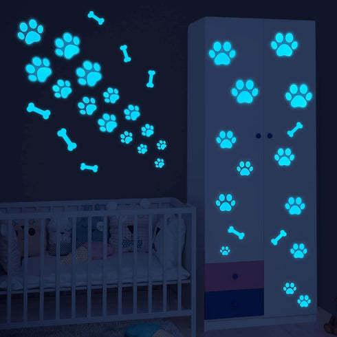 Dog Paw Print Stickers Glow in The Dark Wall Decals Pup Dog Room Decor Stickers Vinyl Dog Paw Bone Wall Decals Removable Animal Footprint Decal fo...
