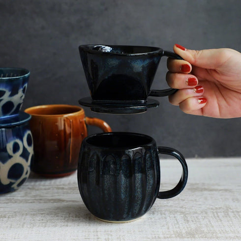 Asayu Japan Ceramic Coffee Pour Over Maker Set in Dark Navy Blue, Slow Brewing Paper Filter Holder and Dripper with 3 Holes for Coffee and Tea - C...