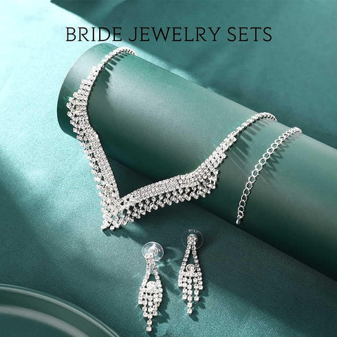 Unicra Silver Bride Wedding Jewelry Sets Crystal Bridal Necklace Earrings Set Rhinestone Costume Jewelry Set Prom Choker Necklace for Women and Br...