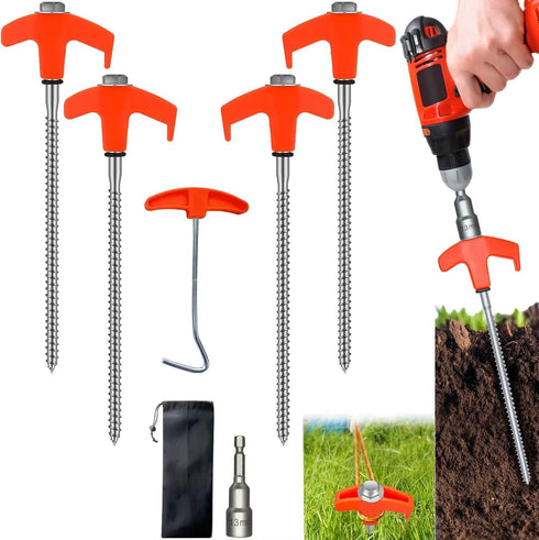 4 Pack 8" Screw in Tent Stakes Heavy Duty Ground Anchors, Tent Pegs Metal Tent Spikes Camping Tent Stakes with Hex Head Driver & Nail Extractor fo...