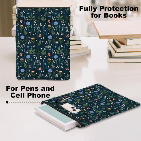 Wildflower Pattern Book Lovers Gifts Waterproof Book Sleeve Book Pouch Book Protector with Zipper and Front Pocket BookCover Case for Women Girl R...