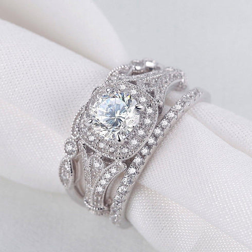 Fashion Ring Set Three-in-One Round Wedding Bands Set Engagement Rings 925 Silver Ring Cubic Zirconia CZ Promise Eternity Band for Women Size 6-10...