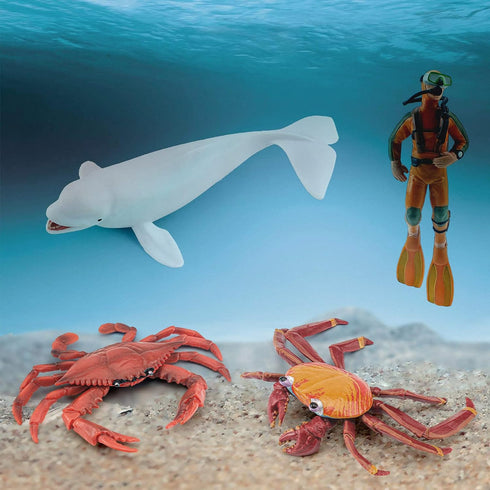 Ocean Sea Marine Animal Figure Toys Playsets 4 PCS Diver White Whale Crab Sally Crab Model Toy Desktop Decoration Collection Party Favors Toys for...