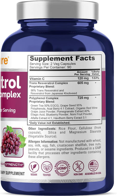 NusaPure Resveratrol & Polyphenol Complex 1450mg 180 Vegetarian Caps (Non-GMO, Vegan) Vitamin C...