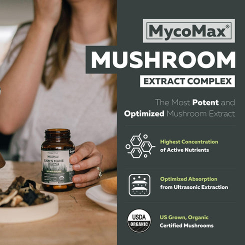 MycoMax Lions Mane Supplement - 70% Beta Glucans, Max Potency Organic Lions Mane Extract, US Grown + Ultrasonic Extraction - 500 mg serving - Supp...