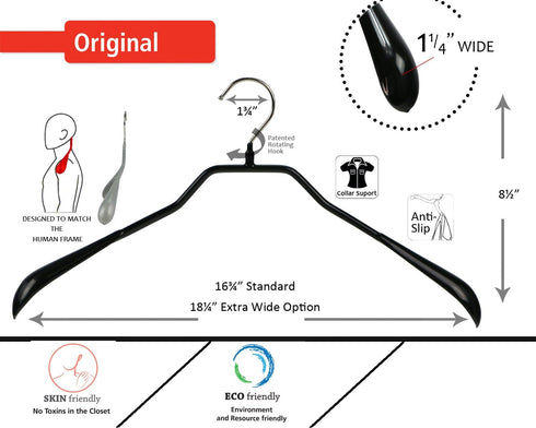 Mawa by Reston Lloyd BodyForm Series Non-Slip Space-Saving Extra Wide Clothes Hanger For Jackets, Suits & Coats, Style 46/L, Set of 5, Black...