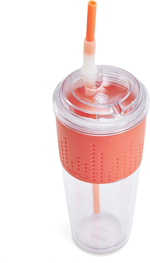 Copco Lock-n-Roll Double Wall Tritian Spill-Proof Tumbler with Soft Grip Sleeve and Patented Flip Up Straw, 20-Ounce, Coral...