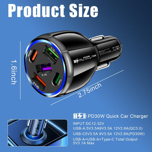 3 USB+2PD Car Charger Adapter Fast Charging,75W USB C Car Charger, 5 Port Type A Cigarette Lighter USB Charger for iPhone/Android/Samsung Galaxy S...